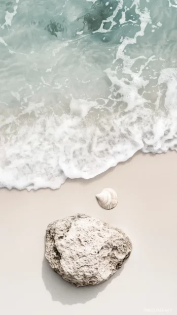 A minimalist beach with smooth sand and a single, elegant seashell.
