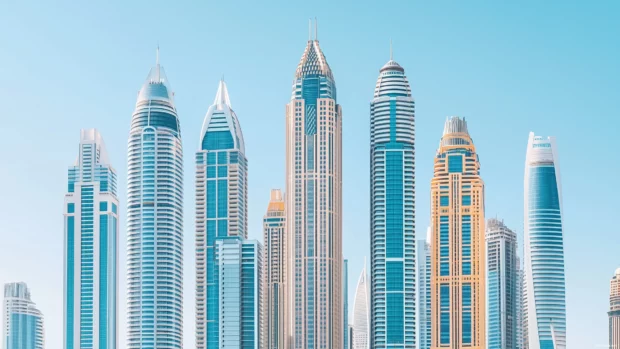 A minimalist city skyline with a few prominent skyscrapers against a clear blue sky.