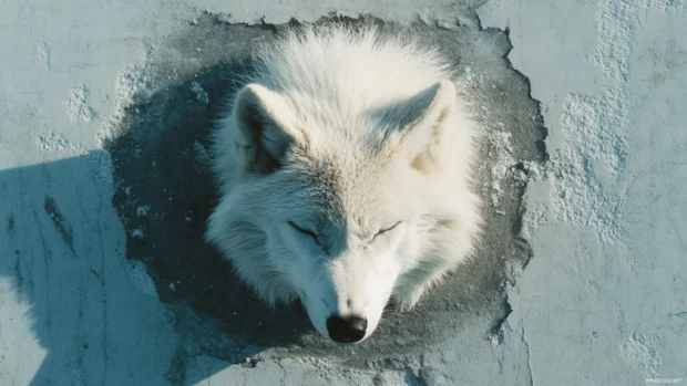 A minimalist claw scratch reveals the face of a white wolf beneath the surface.