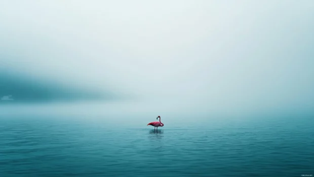 A minimalist composition with a lone flamingo centered in white mist, barely visible shoreline in the distance.