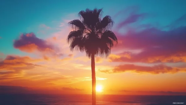 A minimalist design featuring a single palm tree silhouetted against a colorful sunset.