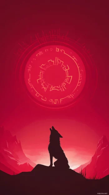 A minimalist drawing of a howling wolf surrounded by glowing runes.