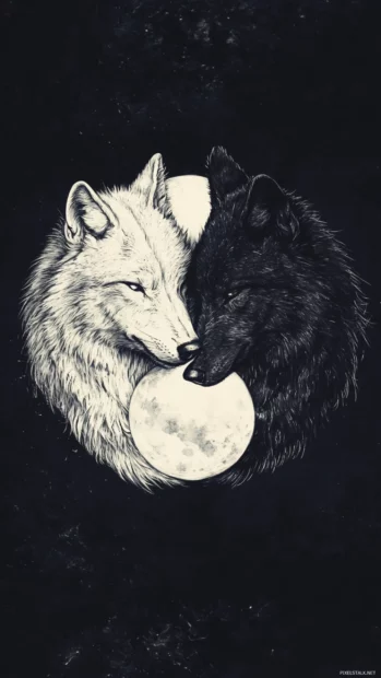 A minimalist dual tone black and white wolf wallpaper featuring two wolves forming a yin yang.