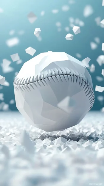 A minimalist geometric baseball with sharp edges and futuristic metallic textures, modern and sleek design.