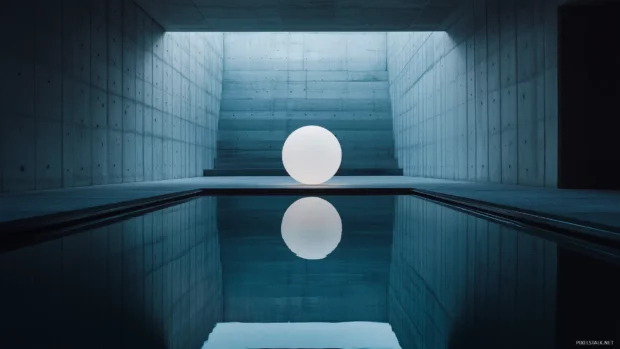 A minimalist glowing orb suspended in a dark, reflective room, creating a futuristic and tranquil ambiance.