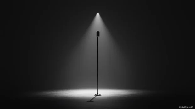 A minimalist image of a single microphone standing on a stage, illuminated by a single spotlight in an otherwise dark theater.