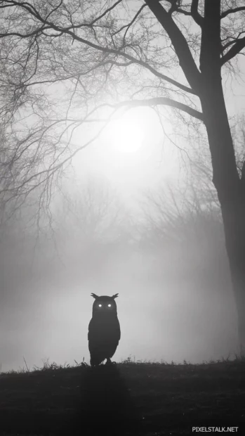 A minimalist owl in silhouette rising through fog, framed in negative space.