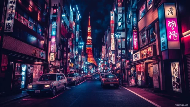 A minimalist rainy cityscape with blurred neon lights reflecting off wet pavement.