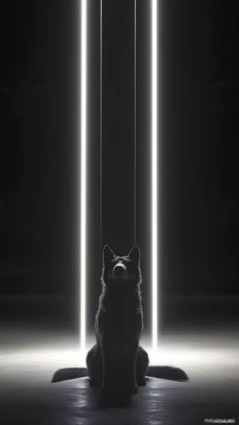 A minimalist scene of a black 3D wolf illuminated by only two vertical beams of light.