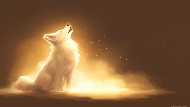 A minimalist sketch of a howling white wolf surrounded by soft glowing dust.