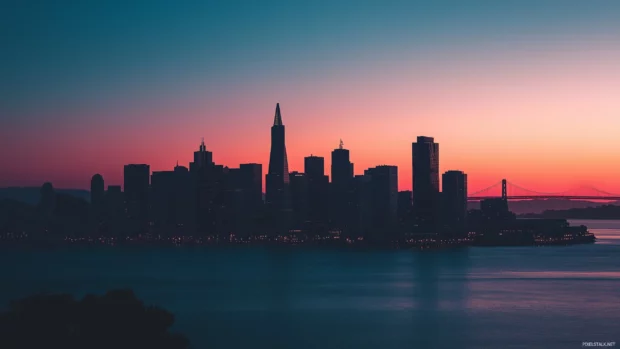 A minimalist skyline, clear building shapes, gradient dusk to night sky.