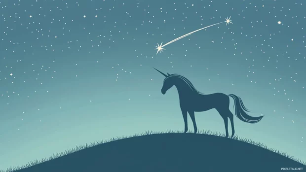 A minimalist unicorn standing on a silver hill with a single shooting star overhead.