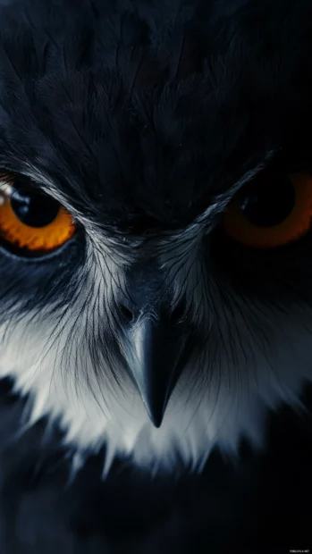 A minimalist vertical composition showing only the eyes and beak of an owl emerging from darkness.