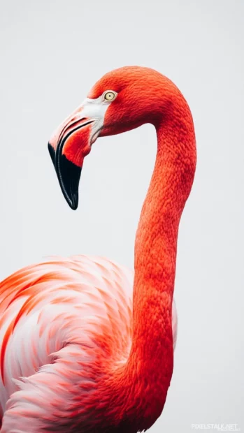 A minimalist vertical image of a flamingo in profile, centered against a clean white backdrop.