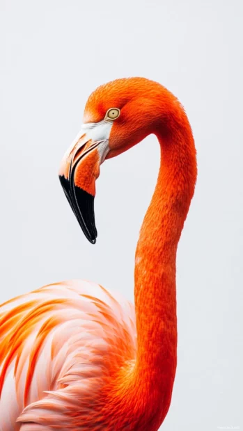 A minimalist vertical image of a flamingo in profile on a white backdrop.