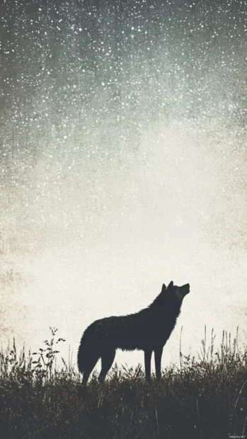 A minimalist vertical scene of a silhouette wolf against a star lined horizon with dreamlike haze.