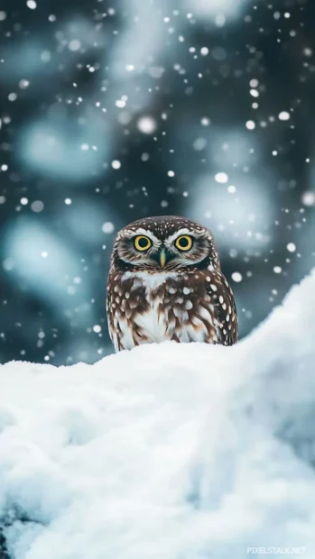 A minimalist vertical shot with the owl centered in a wide expanse of untouched snow.