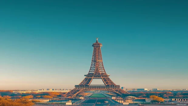 A minimalist view of the Eiffel Tower, with blue sky.