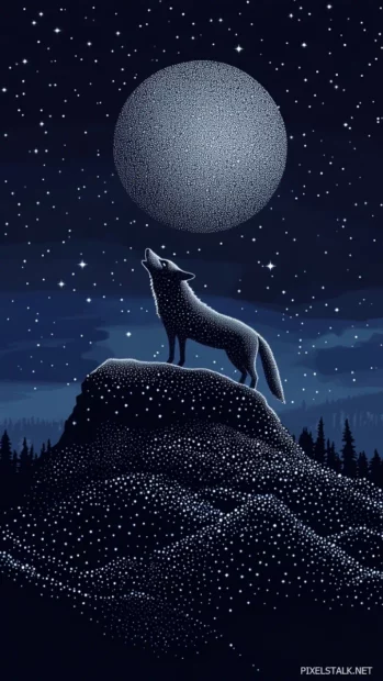 A minimalist wolf made from white dots and stars howling in front of a full moon eclipse.