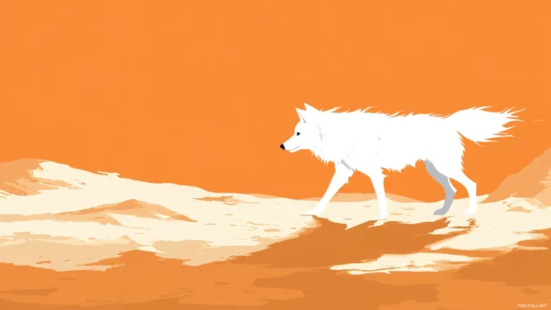 A minimalist wolf walking across an empty desert with wind blowing its fur.