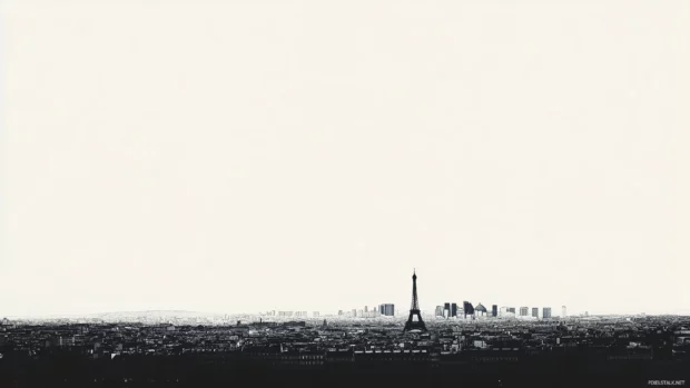 A minimalistic Paris skyline with key landmarks like the Eiffel Tower and Arc de Triomphe.