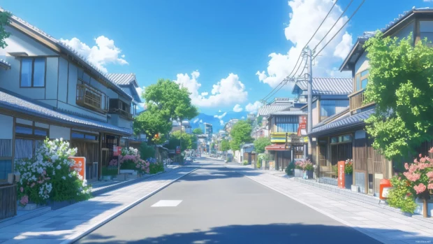 A minimalistic anime city with simple building shapes and a tranquil sky.