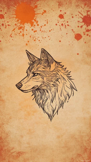 A minimalistic ink sketch of a wolf head on a parchment background with golden strokes.