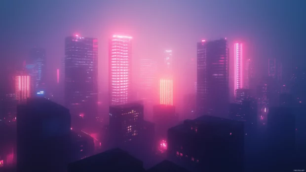 A minimalistic view of a Cyberpunk city with a focus on a few key neon elements and tall buildings, set against a dark, futuristic backdrop.