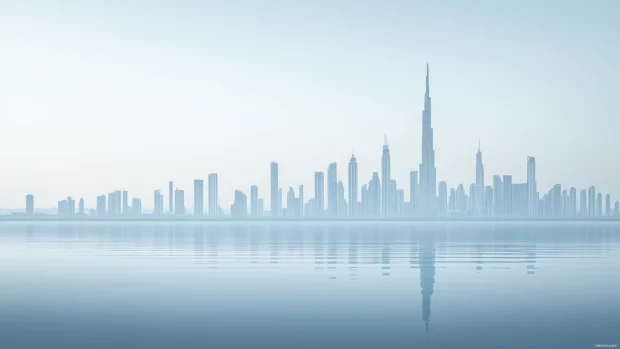 A minimalistic view of the Dubai skyline featuring the Burj Khalifa and surrounding modern high rises.