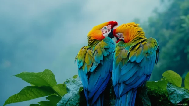 A misty morning scene with a pair of macaws quietly preening high above the forest floor.