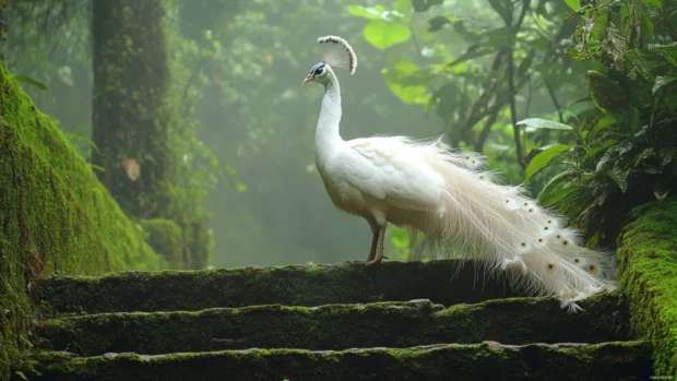A misty morning scene with a white peacock perched quietly on a mossy stone stairway.