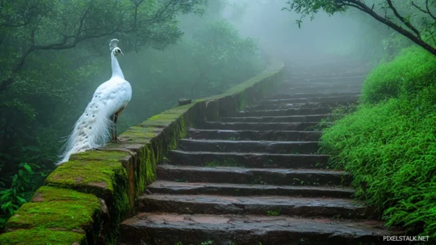 A misty morning scene with a white peacock perched quietly on a mossy stone stairway.