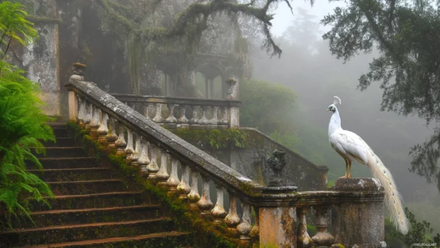 A misty morning scene with a white peacock perched quietly on a mossy stone stairway.