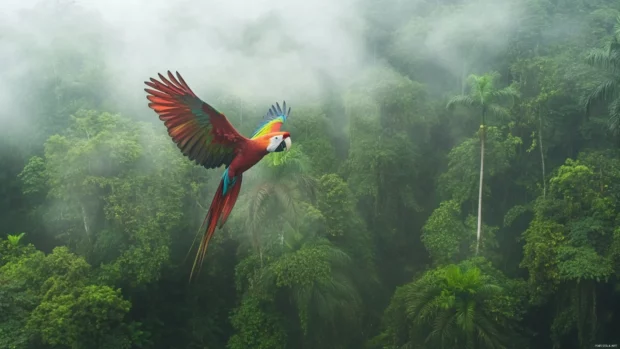 A misty rainforest scene with a scarlet macaw flying through the trees.