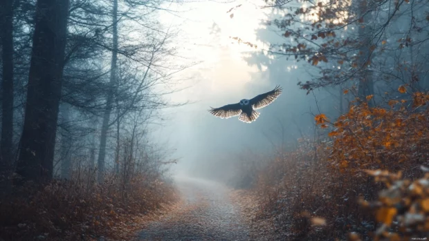 A misty woodland path with a silent owl flying low through shafts of morning light.