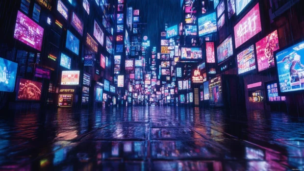 A modern Cyberpunk environment showcasing glowing signs, sleek architecture, and reflective streets.