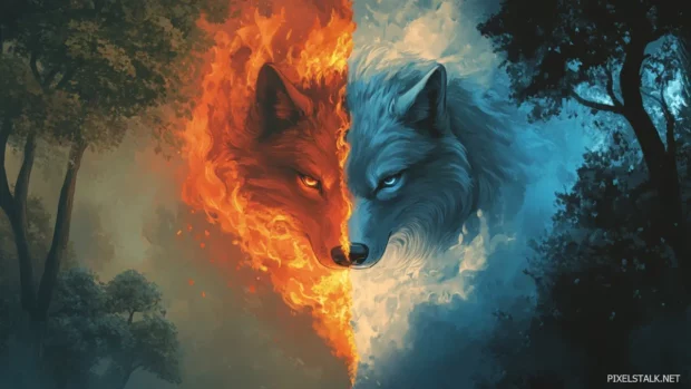 A modern art wolf split into two contrasting worlds, one of fire and one of forest.
