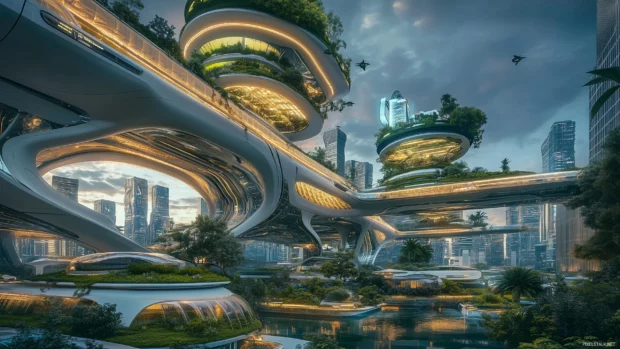 A modern city with eco friendly buildings, floating gardens, and advanced transport, glowing in twilight.