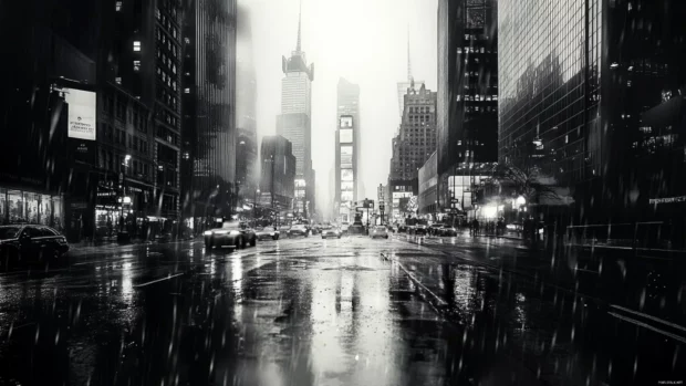 A modern metropolis reflected in rain captured in black and white city wallpaper.