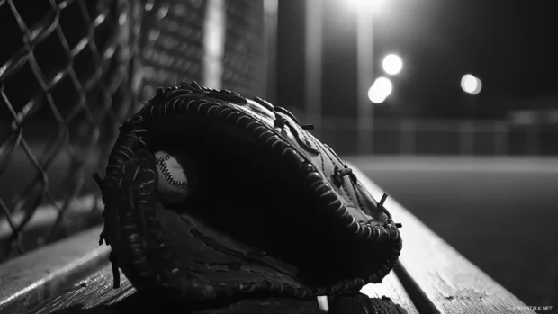 A monochrome baseball glove on a bench under soft lighting, Vintage black and white baseball wallpaper.