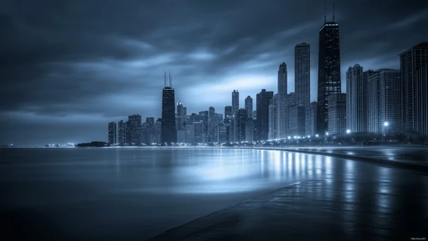 A moody Chicago skyline at night, with illuminated skyscrapers and reflections on Lake Michigan.