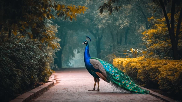 A moody forest scene with a solitary peacock walking along a mist covered path.