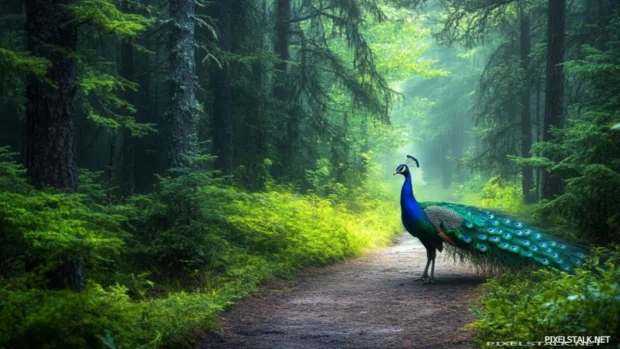 A moody forest scene with a solitary peacock walking along a mist covered path.