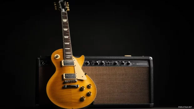 A moody, minimalistic image of an electric guitar resting against an amplifier, with soft shadows and spot lighting.