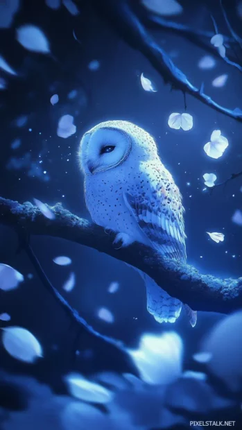 A moody owl resting on a tree branch under drifting petals and abstract moonlight.