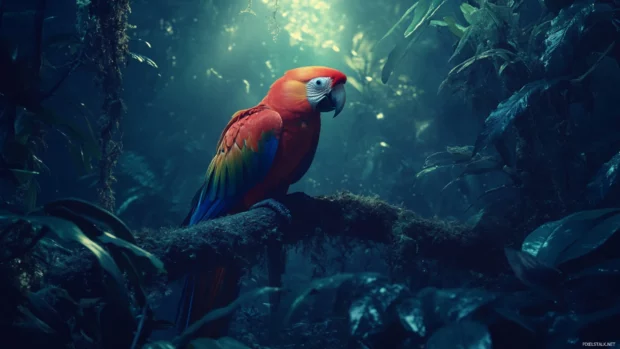 A moody rainforest scene with a lone scarlet macaw resting beneath heavy foliage and diffused light.