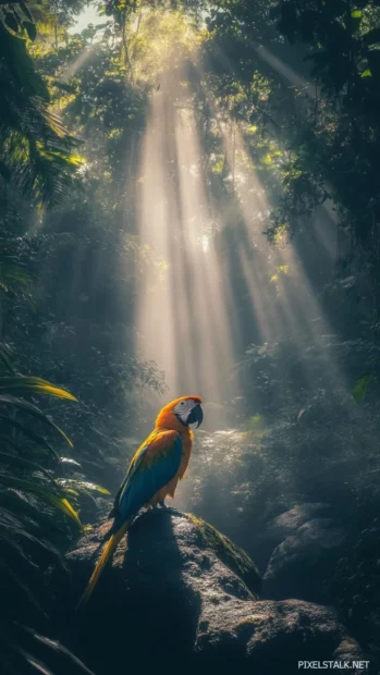 A moody scene of a macaw framed by jungle shadows, backlit with glowing ambient light.