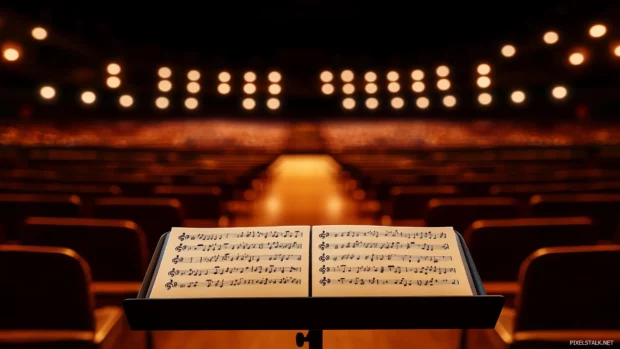 A moody shot of a grand concert hall, with rows of empty seats leading up to a brightly lit stage featuring a lone music stand.