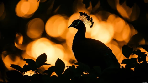 A moody twilight shot of a peacock silhouetted against the last light of day.