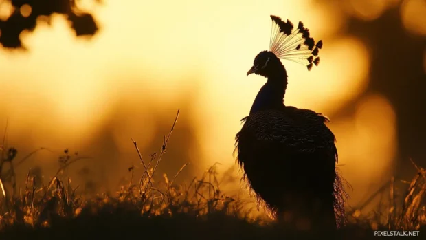 A moody twilight shot of a peacock silhouetted against the last light of day.